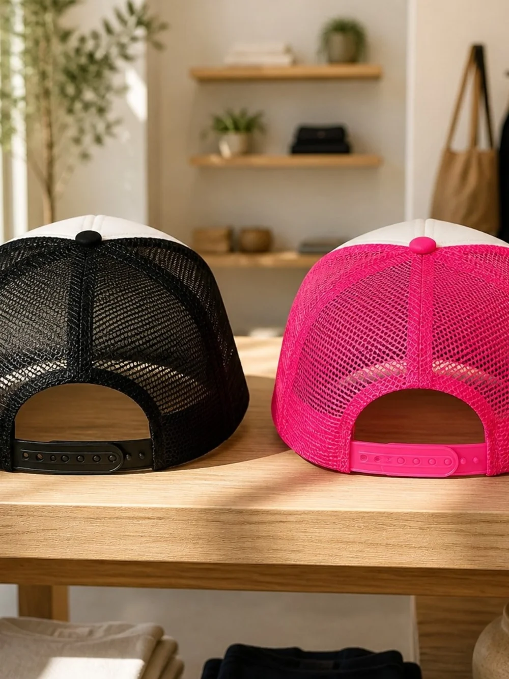 Smiley Graphic Trucker Hats - Black/White & Hot Pink/White